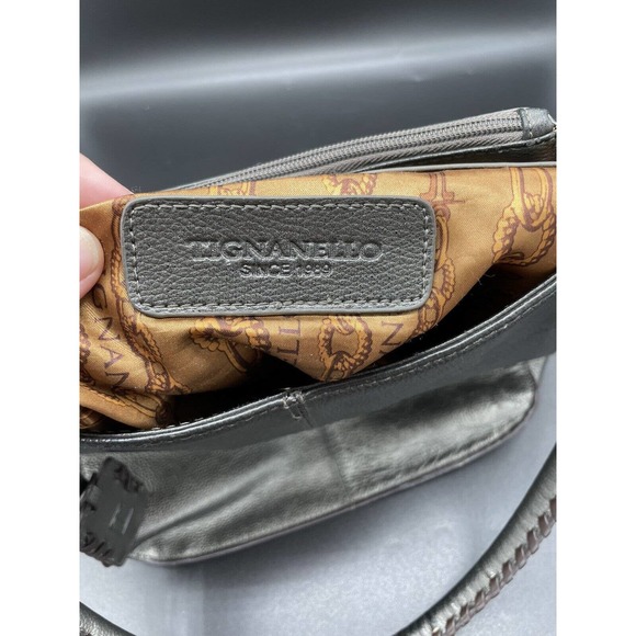 Tignanello Metallic Leather Handbag Purse Silver Pebbled Medium Braided Handle - Picture 13 of 16
